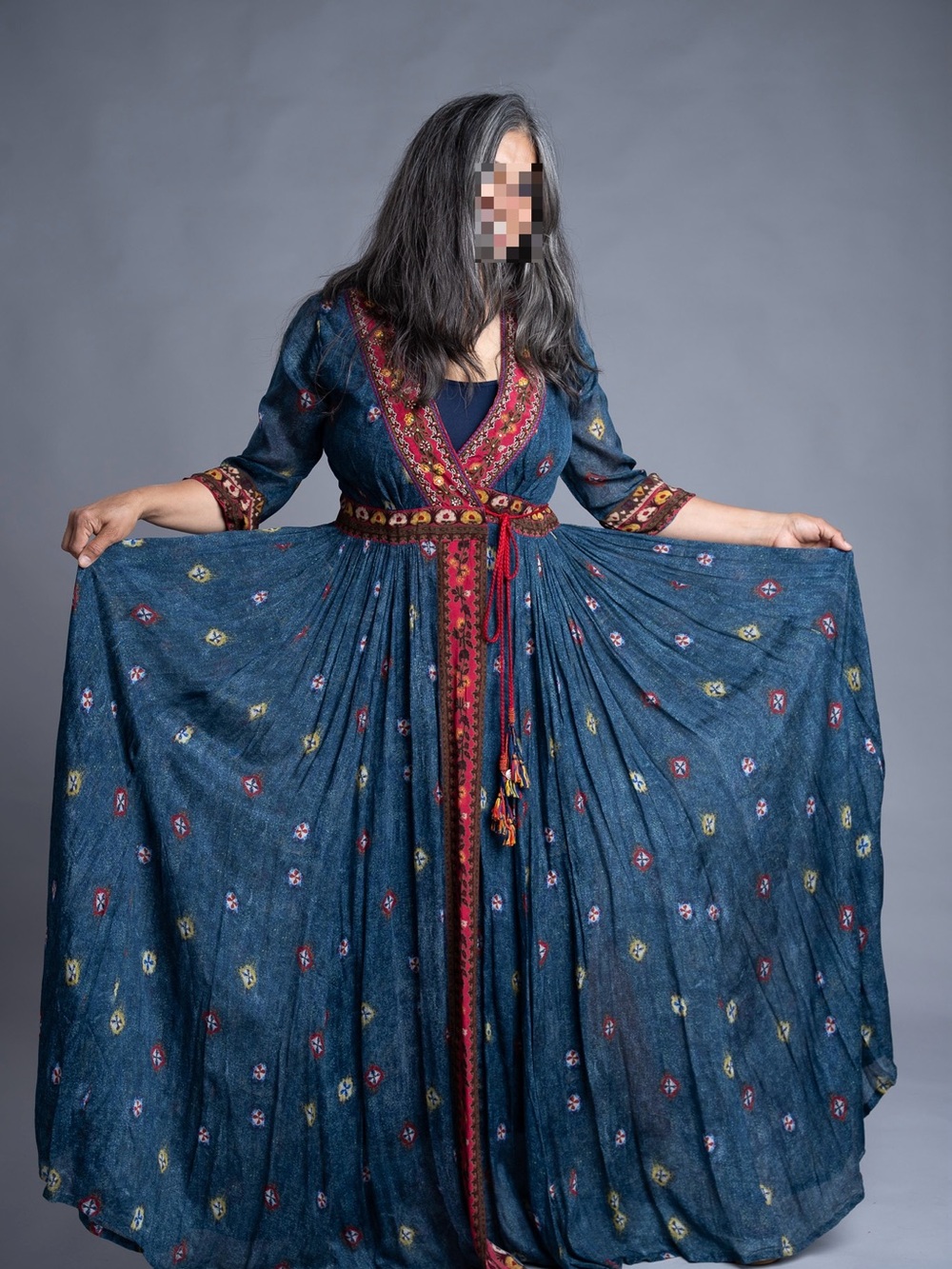 Ritu Kumar Gorgeous Navy Maxi Dress with Pink and Gold Embroidered Trim